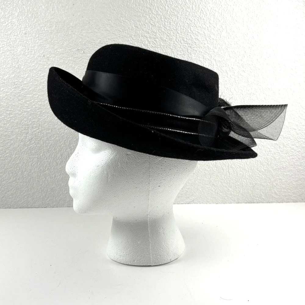 Vintage Wool Felt Hat Womens OS Black Mesh Bow Bead Accent Mid Century MCM